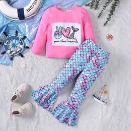 Clothing Sets 2024 Set Girls Long Sleeve O Neck Print Scale Flare Pants Rose Red 2 Pcs Casual Clothes 18M-7T