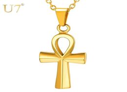 U7 Small Egyptian Ankh Crucifix Necklaces Pendants Gold Color Stainless Steel Cross Necklace For Men Hip Hop Jewelry P12303703196