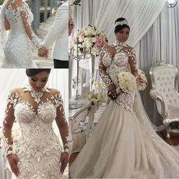 Applique Beading Mermaid Sleeves Lace Dresses Long High Neck Sweep Train Custom Made Covered Buttons Wedding Gown