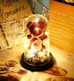 Artificial Eternal Flower Bear Rose in Glass Cover Dome Lamp LED Light Galaxy Bedroom Decor for Birthday Wedding Valentine Day8291040