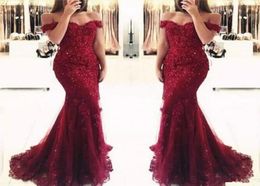 Junoesque Burgundy Lace Mermaid Prom Dresses Appliques Off the shoulder Beaded Sequins Long Prom Gowns custom made Evening Dresses9551672