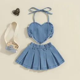 Clothing Sets Toddler Girls Denim Outfits 2Pcs Sleeveless Backless Halter Neck Heart Crop Tops Pleated Skirt Kids Clothes Set Streetwear