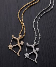 New Designed Iced Out Bow Arrow Pendant Solid Back Necklace Hip Hop Gold Silver Colour MensWomen Charm Chain Jewelry6893459