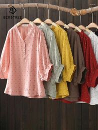 Women's Blouses Spring Cotton Yarn Print Shirt Women V Neck Half Sleeve Versatile Top Girl Commute Loose Casual Blouse 2024 Autumn T44647QC