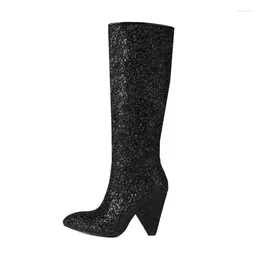 Boots Silver Black Glitter Sequin Knee Length For Women 2024 Winter Warm Short Plush 9.5cm High Heels Long Size 34-43