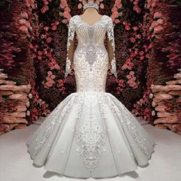 Wedding Dresses Plus Size Gown Mermaid Bridal V Neck Long Sleeves Lace Applique Crystals Beaded Beach Ruffles Custom Made Vestidos De Novia estidos