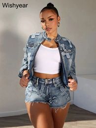 Fashion Embroidery Tassel Jeans Two Piece Pants Set Women Long Sleeve Jackets Tops and Bodycon Shorts Stretch Denim Street Suits 240425