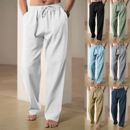 Mens Trousers Cotton Linen Pants Casual Loose Straight Lightweight Drawstring Beach Holiday Breathable Sweatpants 240422