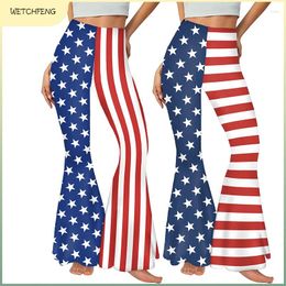 Women's Pants Summer Flag Printed Striped Baggy Flare Women Clothing Sexy Streetwear Tight Long Trouser Jogger Mujer Hippie Wide Legging