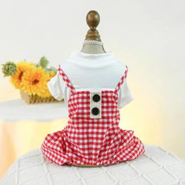 Dog Apparel Plaid Pet Outfit Stylish Pattern Jumpsuit With Button Design For Comfortable Spring Summer Wear Fashionable