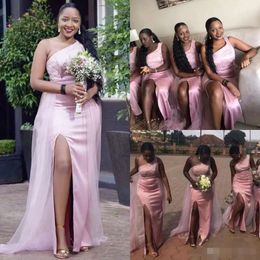 Plus Lace Pink Dresses Size Bridesmaid Mermaid Tulle Side Slit Sweep Train African Maid Of Honor Gown Country Wedding Guest Party Wear