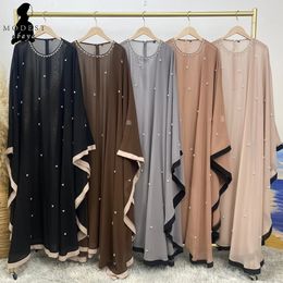 Pearl Chiffon Casual Loose Abaya for Women Muslim Bat Sleeves Dubai Luxury Turkey Kaftan Hijab Dress Ramadan Islamic Clothes 240422
