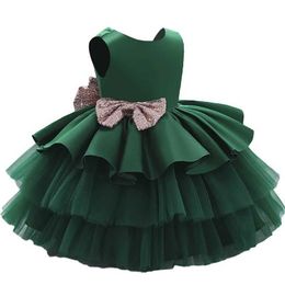 Girl's Dresses New Baby Girls Big Sequins Bownot Brithday Party Tutu Dress Toddler Kids Winter Autumn V Back Christmas Elegant Wedding Vestidos