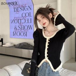 Women's Knits O-neck Cardigans Women Knitting Design Panelled Spliced Slim Simple Office Ladies Korean-style Long-sleeves All-match Elegant