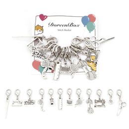 12PCsset Ancient Silver Knitted Sewing Tool Pendant Knitting Stitch Markers Crochet Lock Row Counter Needlework DIY 240428