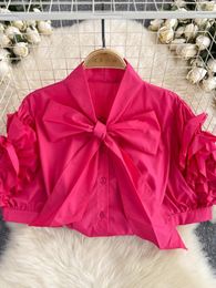 Women's Blouses Women Casual Shirt French Bandage Bow Collar 3D Flower Bubble Sleeve Blouse Summer Korean Top