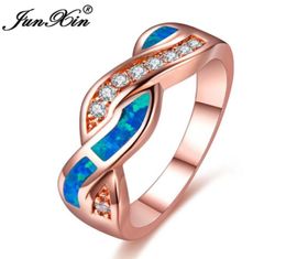 Wedding Rings JUNXIN Gorgeous Rose Gold Filled Crossed For Women Zircon Ocean BlueWhite Fire Opal Ring Christmas Gifts3107824