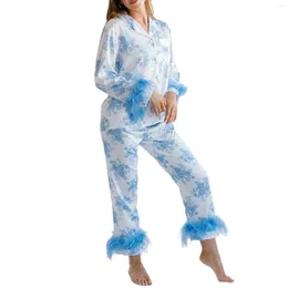 Women's Two Piece Pants Women Pajama Set Flower Print Furry Patchwork Long Sleeve Button-down Tops With Sleepwear Loungewear