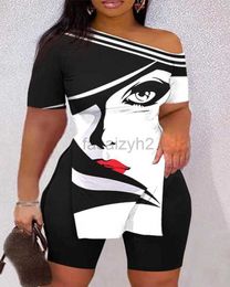 Women's Two Piece Pants Summer New Women's Fashion Casual Slant Neck Off Shoulder Print Set size plus Two Piece Sets