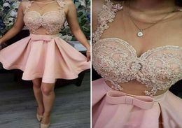Pink Homecoming Dresses Sheer Neck Lace Appliques Short Prom Dress See Through Cocktail Party Dress Gowns5338085