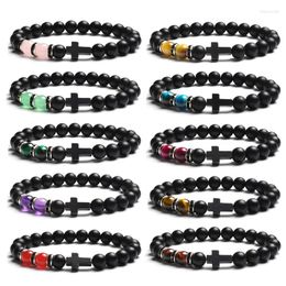 Strand Vintage Religion Cross Bracelet For Men Women 8mm Natural Stone Bracelets Tiger Eye Black Matte Beads Elastic Bangle