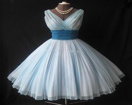 Light Sky Blue Chiffon Tea Length Prom Dresses Vintage 1950039s A Line Real Sample VNeck Puffy Ruffle Party Gown4694028