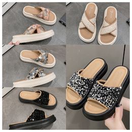 New Designer Thick soled cross strap cool slippers womens black white Exquisite sequin sponge cake sole one line trendy slippers size35-42