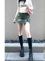 Skirts Harajuku womens mini design jeans with tropical skiing club attire A-line Gyaru denim skiing 2000s aesthetic Grunge Y2k goblinL2429