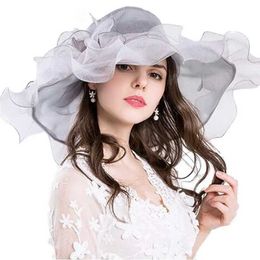 Wide Brim Hats Bucket Hats FS Vintage Pink Organza Kentucky Derby Hats For Women Big Beach Hats Flower Sun Hat Wide Brim Fedora Foldable Y240426