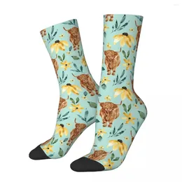Men's Socks Highland Cow And Sunflowers Harajuku High Quality Stockings All Season Long Accessories For Unisex Birthday Present