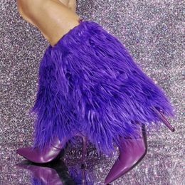 Boots Big Size 47 Purple Thick Fur Overlay Short Booties Slim Heels Half Knee High Women Pointed Toe Folded Over Furry Shoes