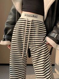 Women's Pants Capris Black and white striped womens spring narrow version wide leg pants high waisted straight leg loose and lazy casual pants Y240429