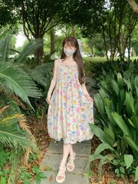 French style first love floral suspender dress summer seaside vacation fairy puffy long 240424