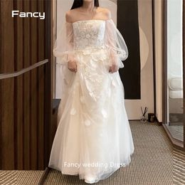 Fancy Korea Off Shoulder Garden Wedding Dress Poshoot Long Sleeve Tulle Floor Length Bridal Gown Custom Made 240425