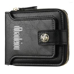 Wallets Men's Vintage Zipper Short Style Leather Wallet Multi Function Button Purse With Multiple Card Slots And A Clear ID Window