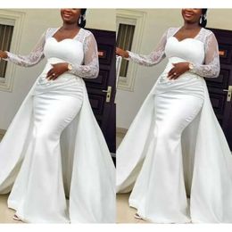 Dresses Lace Long Bridal Mermaid Wedding Sleeves Gown Bateau Neckline Beaded African Plus Size With Overskirt Custom Made Vestido De Novia