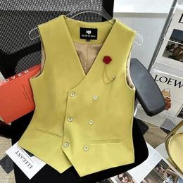 Women's Vests Thin Loose Waistcoat Summer V-Neck Vest Women Double Breasted Sleeveless Blazer Slim Short Female Buttons Outerwear V341