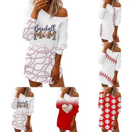 Casual Dresses Women Basebal Pattern Sweatershirts Long Sleeve Crewneck Lightweight Midi Pullover Dress