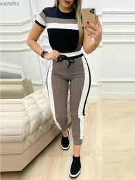 Women's Two Piece Pants Colourful lock plain short sleeved tape top and drawstring pants set casual basic womens two-piece setL240429