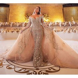 Ebi Aso Size Plus Arabic Gold Luxurious Lace Beaded Mermaid Long Sleeves Bridal Dresses Vintage Wedding Gowns Zj