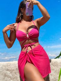 Women's Swimwear Sexy Cover Up 3 Piece Bikini Set 2024 Women Halter Pleate Criss Cross Bandage Push Swimsuit Beach Bathing Suit Skirt