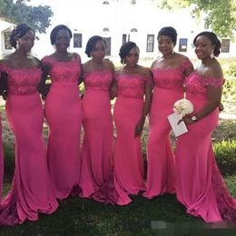 Hot Bridesmaid Mermaid Off Pink 2020 Dresses The Shoulder Lace Applique Beaded Sweep Train Custom Made African Plus Size Maid Of Honor Gown