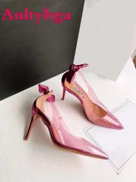 Sandals Ladies Summer High Heels Pink Pointed Pvc Material Cute Bow Wedding Banquet Party Matching Dress High Heel Sandals