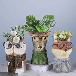 Planters Pots Animal flowerpot decoration with glasses cute owl deer fox raccoon resin desktop dry flower Q240429