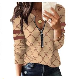 2024 NEW Womens T-Shirt Computer printing Temperament All-Match Round neck zipper Neck shirt Ice silk Small Shirt Was Thin Jacquard Knitted Top Tees Women Bouble SIZ