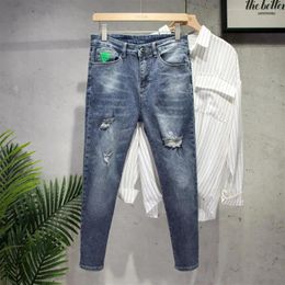 Men's Jeans Youth Luxury Designer Clothes Casual Slim Denim With Distressed Holes Spring And Autumn Ripped Pencil Pants