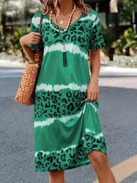 Basic Casual Dresses Plus Size Womens Casual Dress Dye Leopard Short Slve Slight Stretch Dress Summer Ladies Fashion Vintag Strtw Dresses Y240429