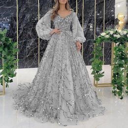 Casual Dresses Evening For Women Long Sleeve Sexy V Neck Shinny Luxury Heavy Beading Ladies Gowns Formal Party Dress