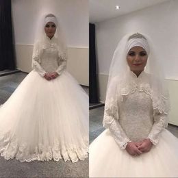 Hoch 2020 Nacken Muslimische Kleiderkugel Kleider Spitzenapplikation mit Wickel Perlen -Bodenlänge Hochzeitskleider plus Größe Vestido de Novia S