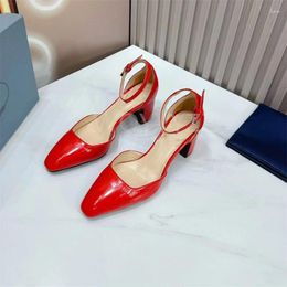 Dress Shoes Square Heels Brand Women Patent Leather Ankle Buckle Strap Pumps Fashion Ladies Pointed Toe Runway Party High